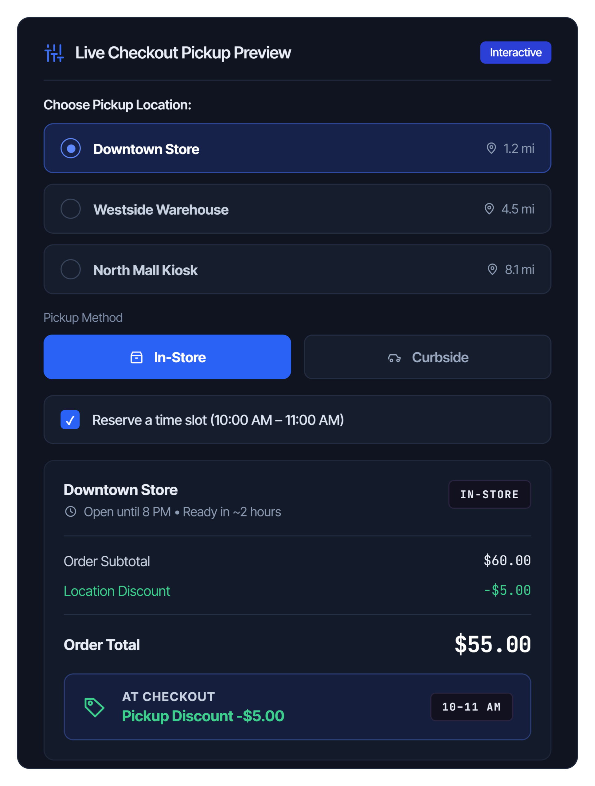 Show the right pickup options at checkout, per location