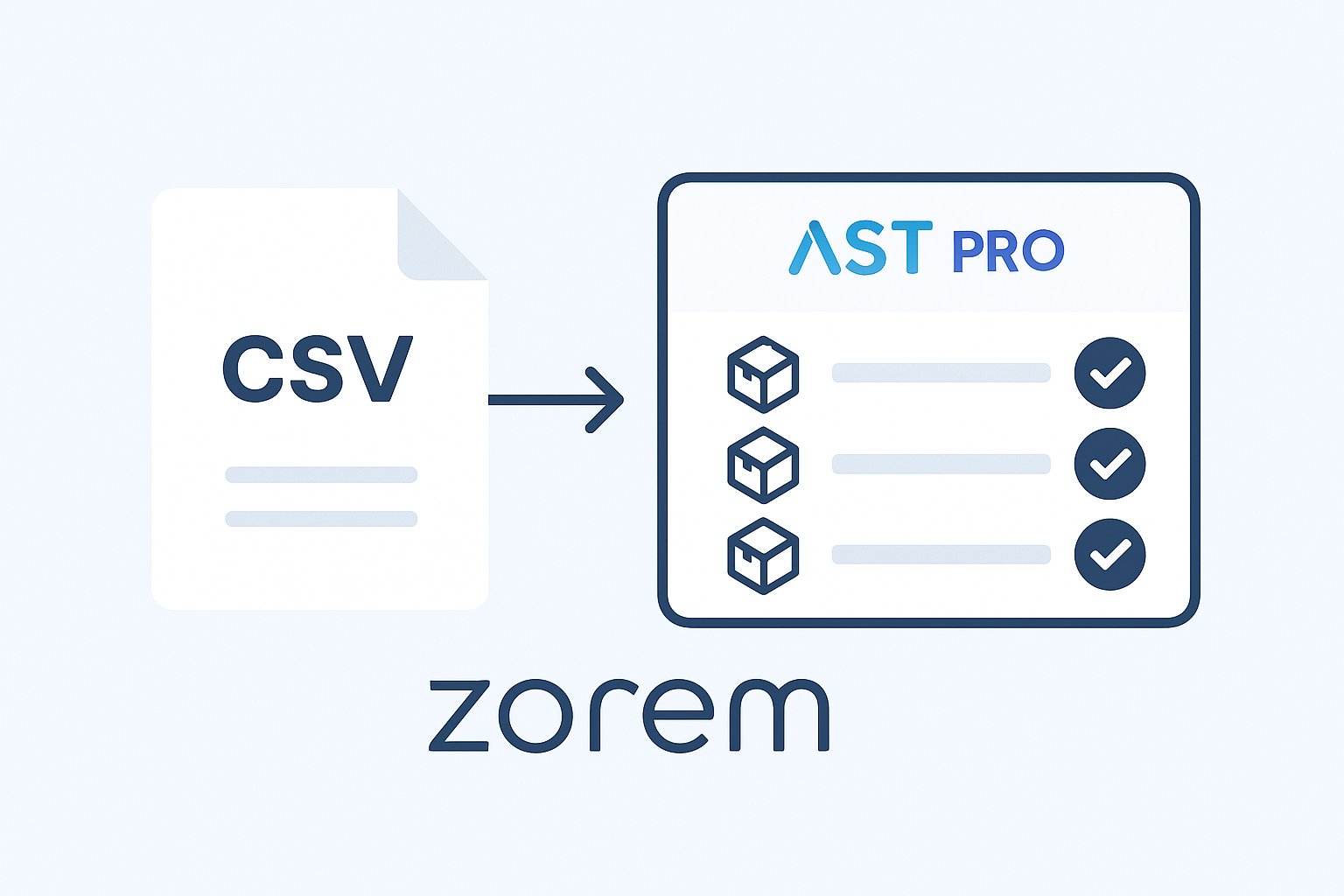 Flat illustration showing CSV file importing tracking numbers into WooCommerce orders with AST PRO logo and Zorem logo